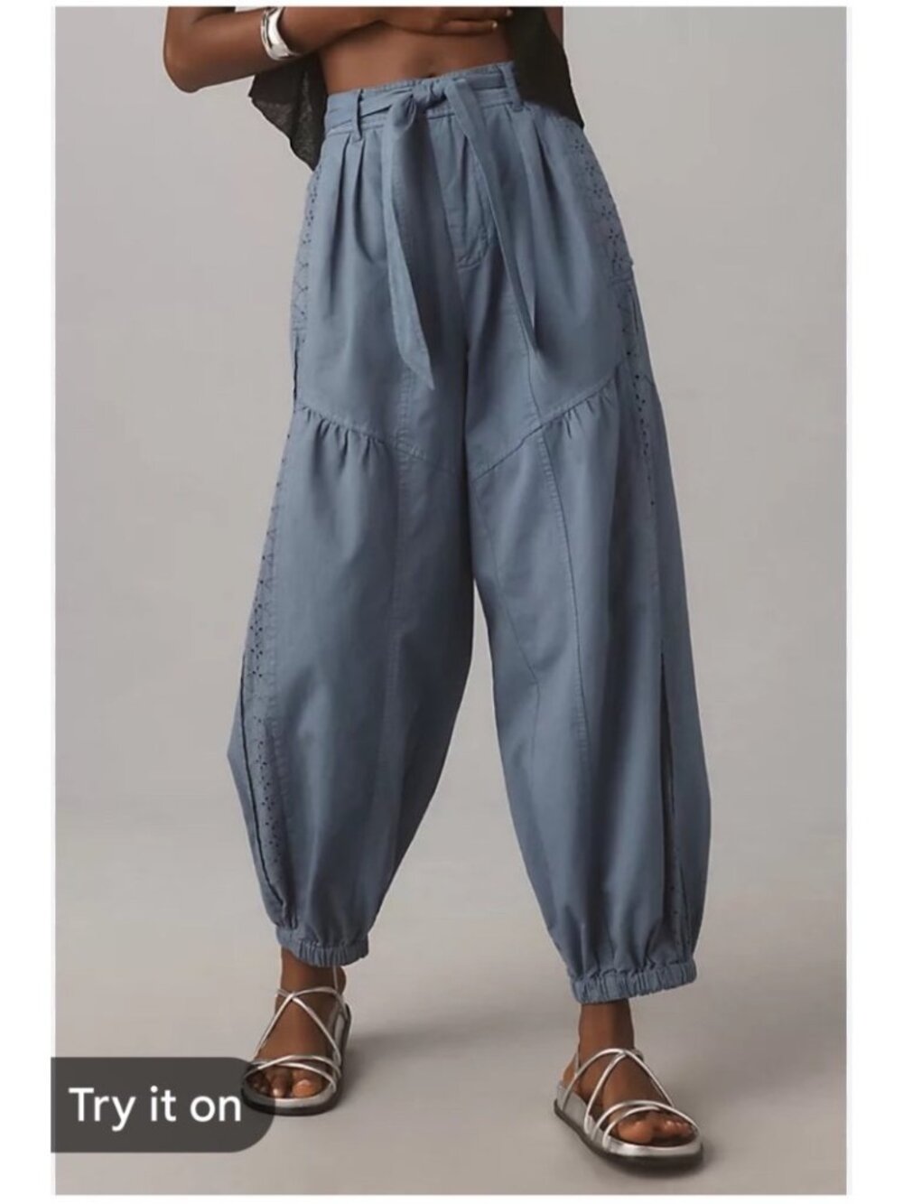 NWT Anthropologie L Washed Linen Blend Jogger Pants Eyelet Blue Drawstring